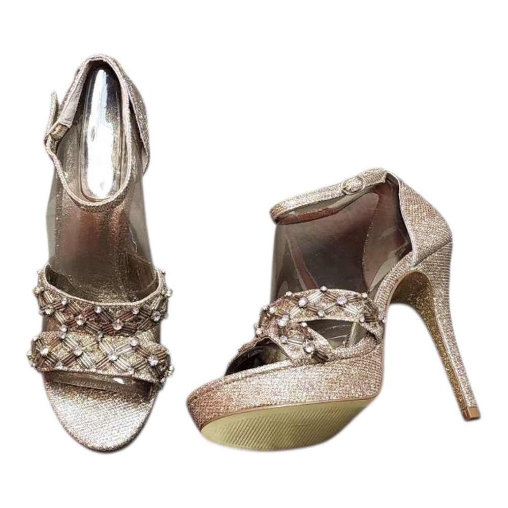 Adrianna Papell Gold Heels with Stiletto and Embellished Straps NIB